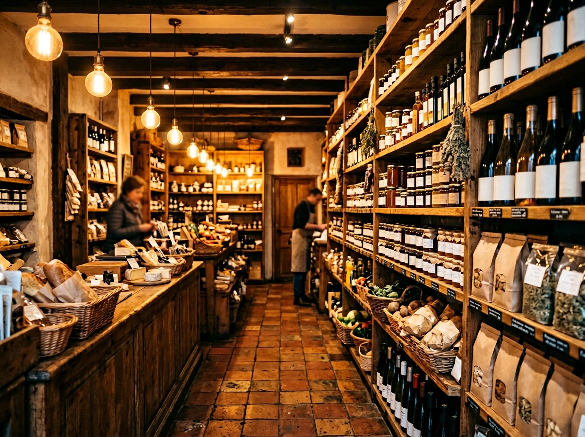 Vue intérieure chaleureuse de l'épicerie avec ses rayonnages en bois garnis de produits artisanaux