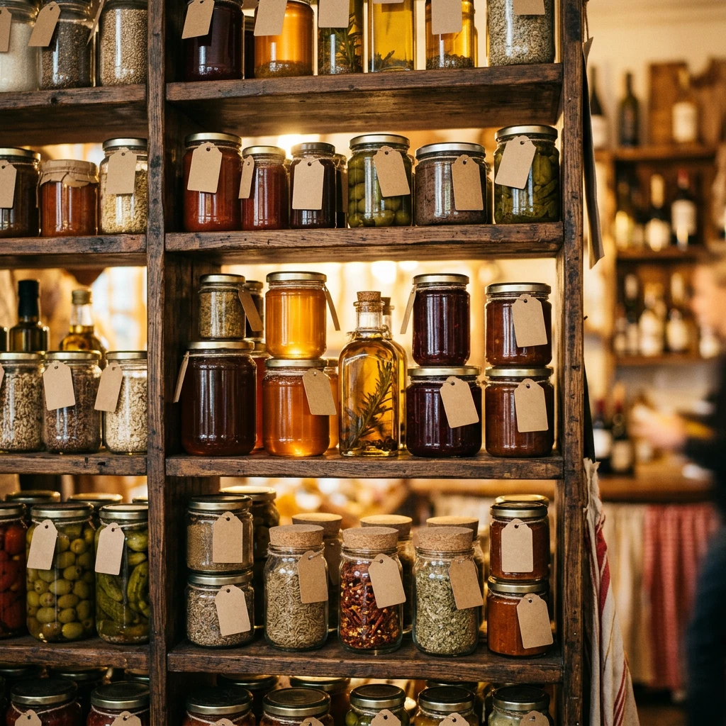 Rayonnages en bois chargés de bocaux et produits artisanaux dans l'épicerie