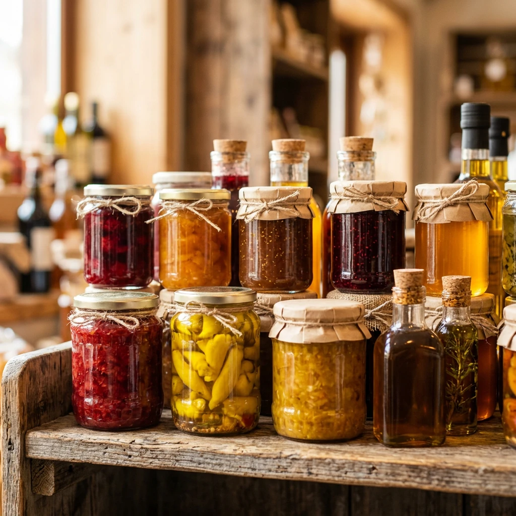 Bocaux colorés et condiments artisanaux regroupés sur une étagère