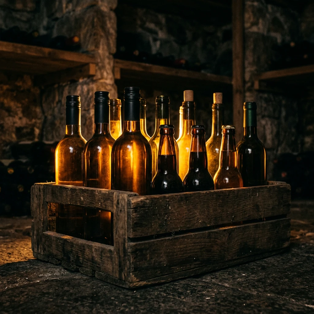 Bouteilles de vin et bières belges artisanales dans une caisse en bois
