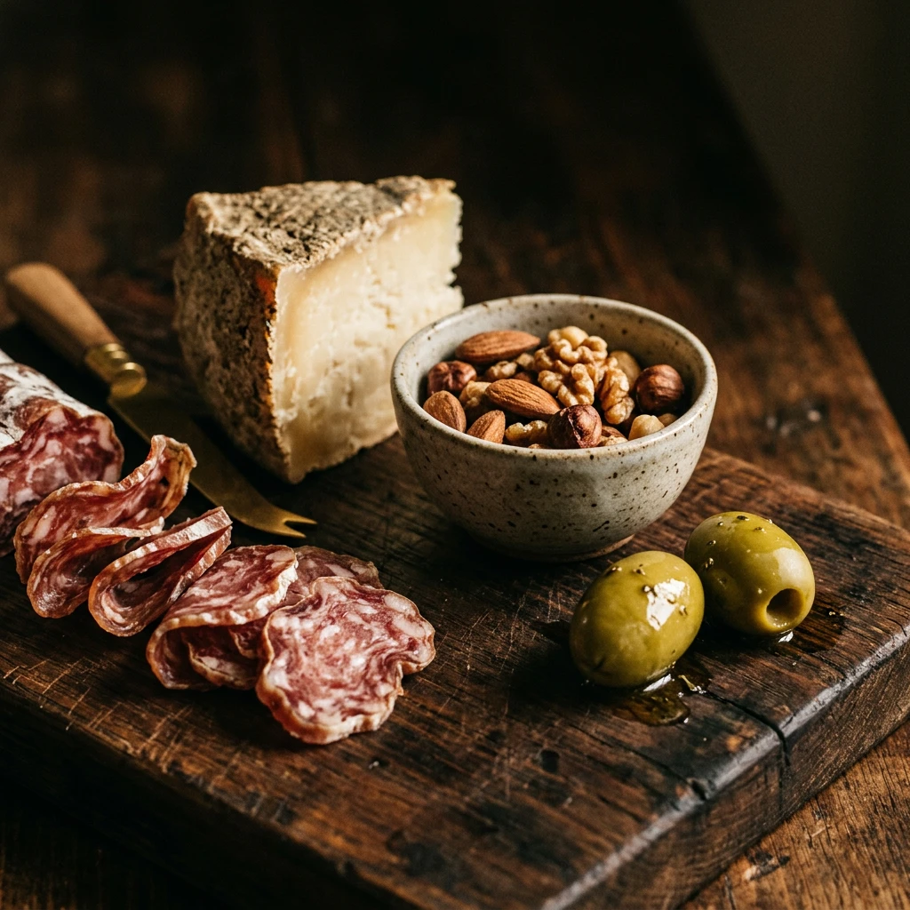 Plateau apéritif avec fromages, charcuteries et noix sur planche en bois