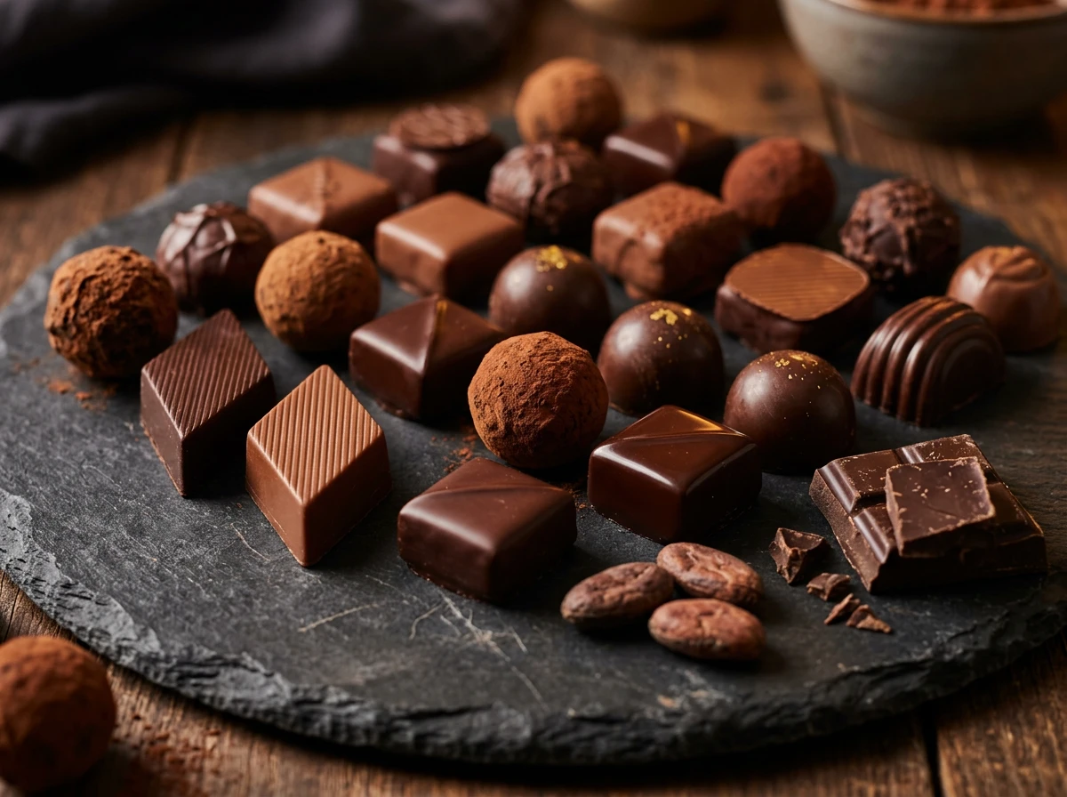 Assortiment de chocolats belges artisanaux et pralines sur ardoise sombre