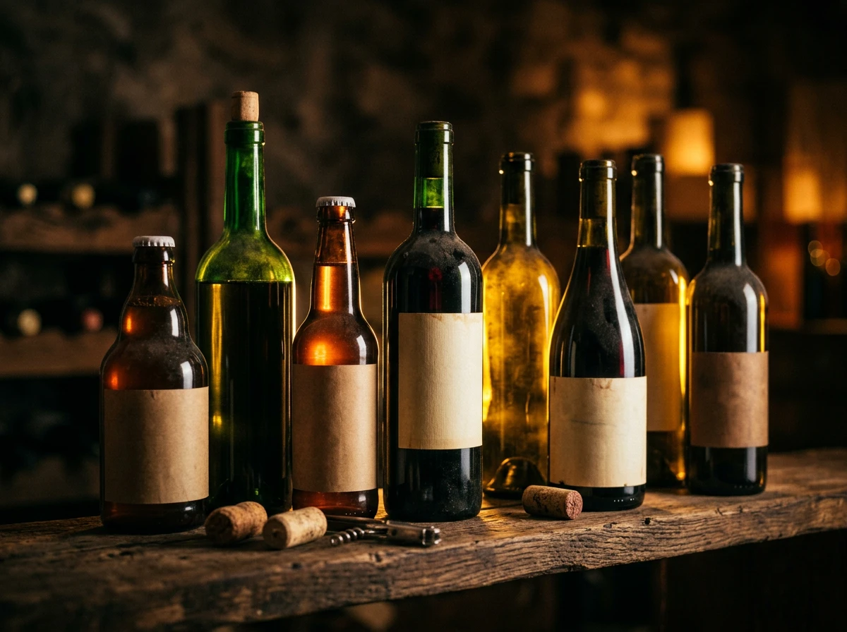 Sélection de bouteilles de vin et bières artisanales sur une étagère en bois éclairée en ambre